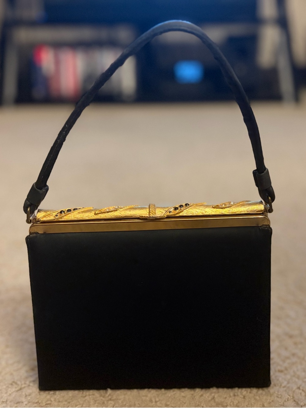 Black Satin Evening Clutch with Decorative Gold Frame
